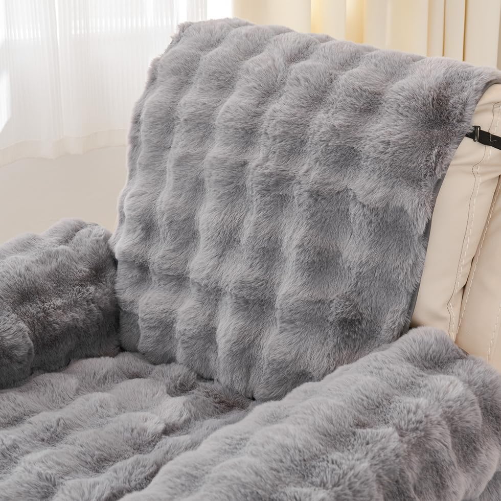 ROOMLIFE Faux Fur Fluffy Recliner Chair Slipcover Faux Rabbit Fur Sofa Cover, Soft Non-Slip Dog Chair Cover Furniture Protector Washable with Pocket, Elastic Straps for Kids (Dark Gray 23.6"X 91")