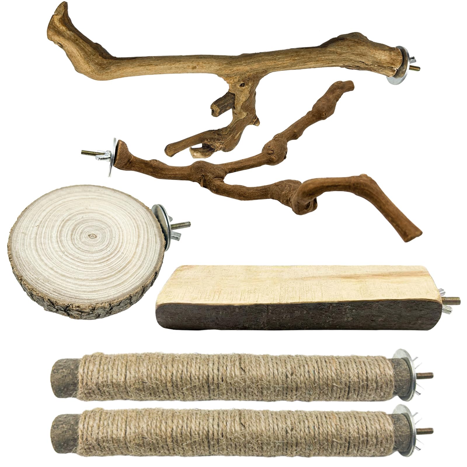 6 Pcs Medium Bird Perch Set, Natural Wood Bird Perches, Parrot Cage Toys for Cockatiels, Conures, Budgies, and Parakeets, Cage Accessories for Small and Medium Parrots