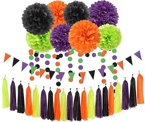 Decoraciones de Fiesta de Halloween Negro-Morado Naranja Verde - 30 piezas Pompones de Papel Tissue, Serpentinas, Guirnalda de Borlas, Pancarta,