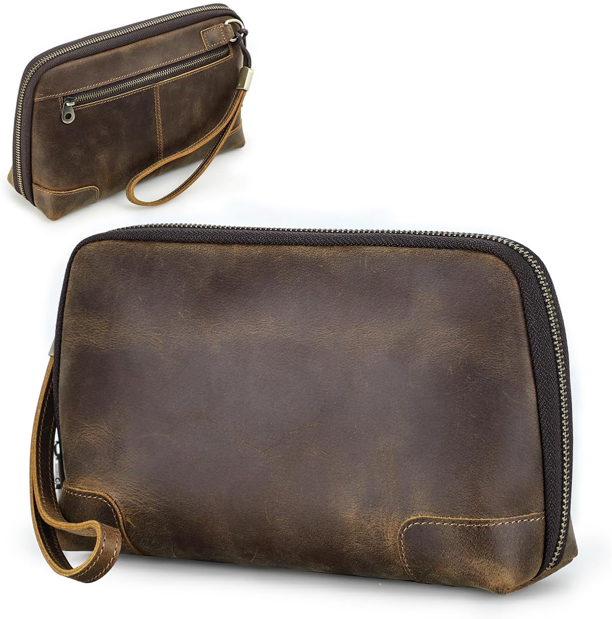 Hiram Crazy Horse Leather Cable Organizer Pouch, Travel Electronics Accessory Storage Bag for Chargers, Power Bank, USB Cables, Earphones, Portable Gadget Case with Multiple Compartments