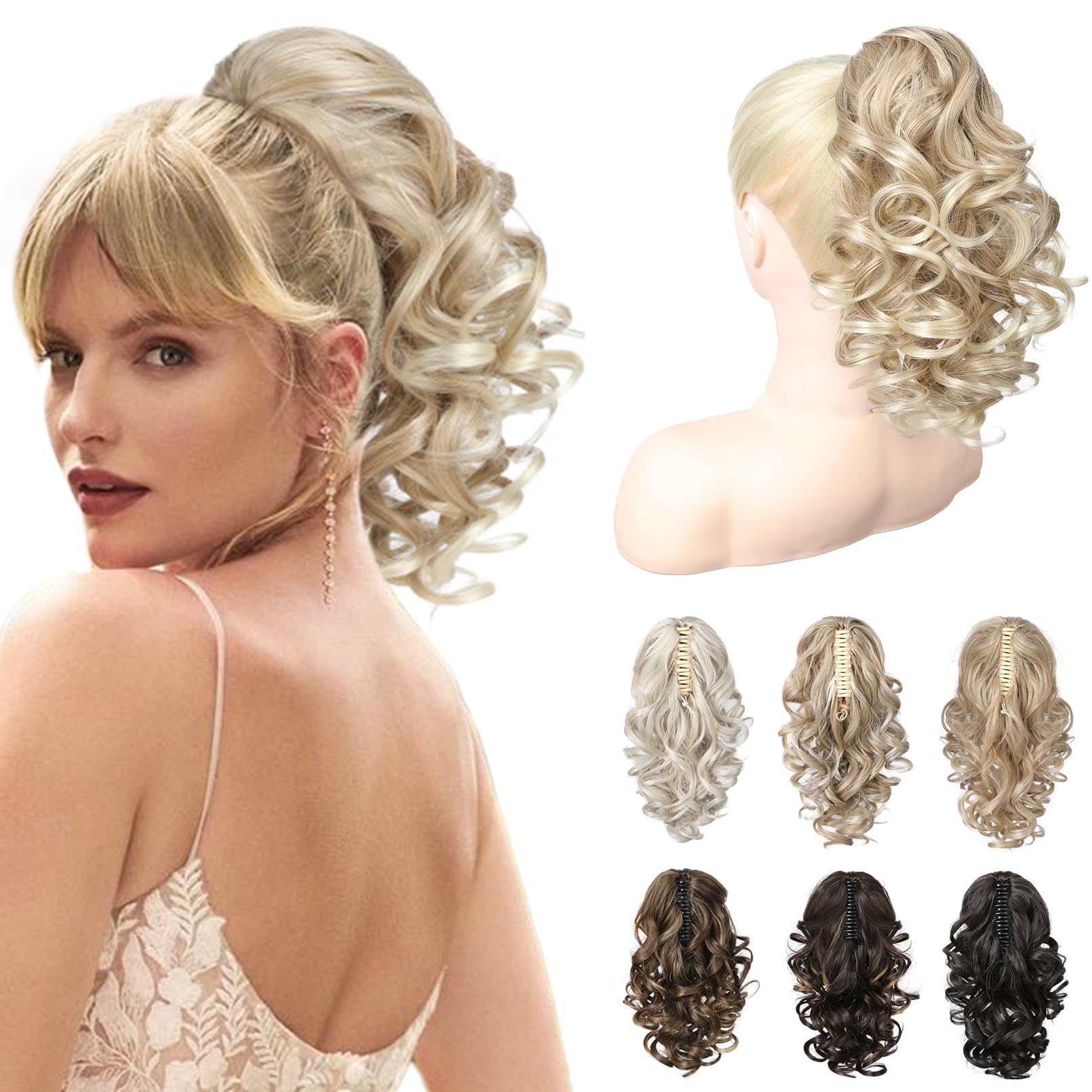 Photo 1 of REECHO Ponytail Extension, 12" Classic Loose Curly Wavy Claw Clip Ponytail Wig Extensions Hairpieces for Women - Dark Blonde with Light Ends