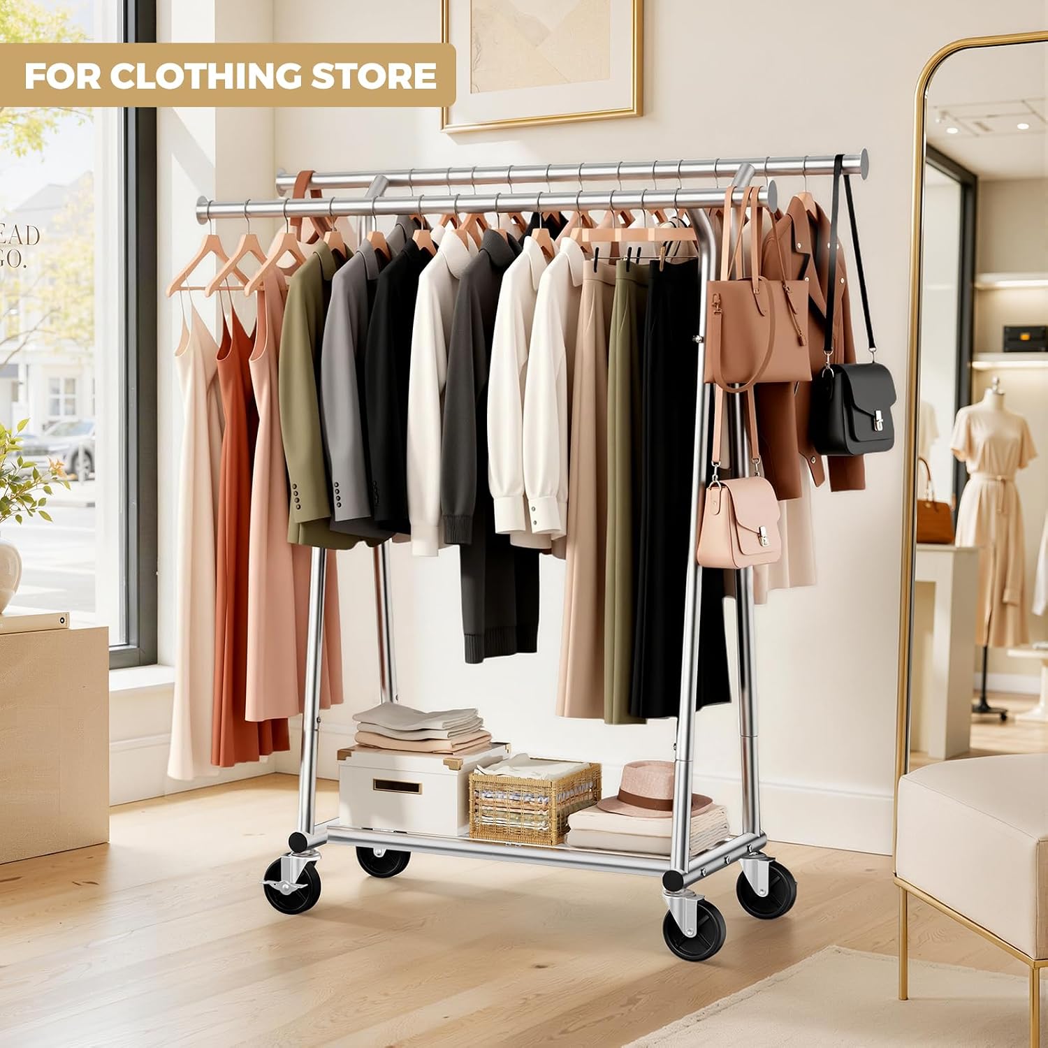 Heavy Duty Clothes Rack - Load 600 LBS, Double Rod Clothing Rack for Hanging Clothes with Shelves, Portable Garment Rack for Bedroom, Laundry, Living Room, Silver