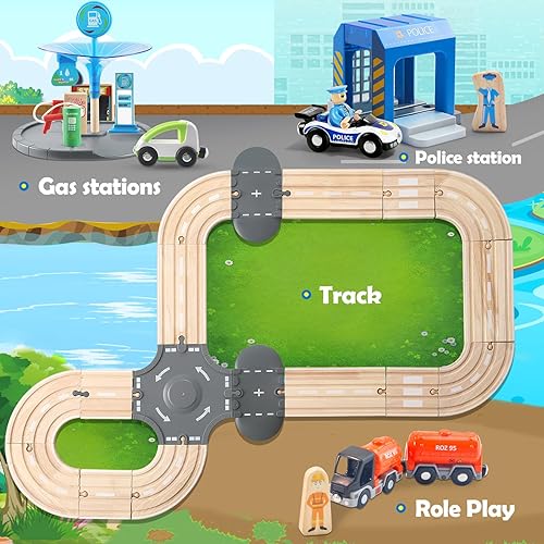 Miniatura 4 de Juego de 59 piezas de tren de madera para niños pequeños, tren de juguete con pista para niños de 3 a 6 años, set de juego de lujo de doble pista de