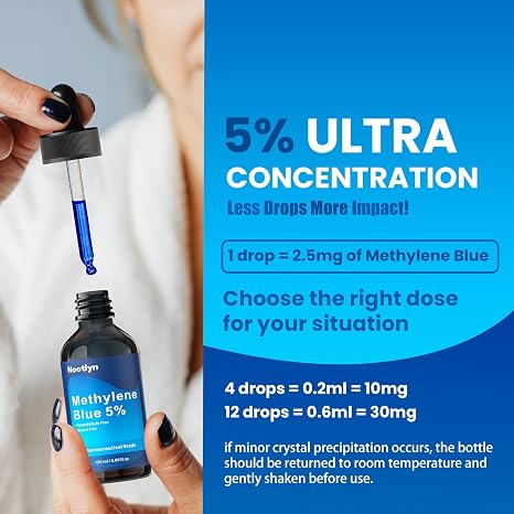Methylene Blue Drops 5%, 99.99% Purity USP Pharmaceutical Grade Solution for Humans, No Formaldehyde & No Alcohol, 4.06 OZ FL