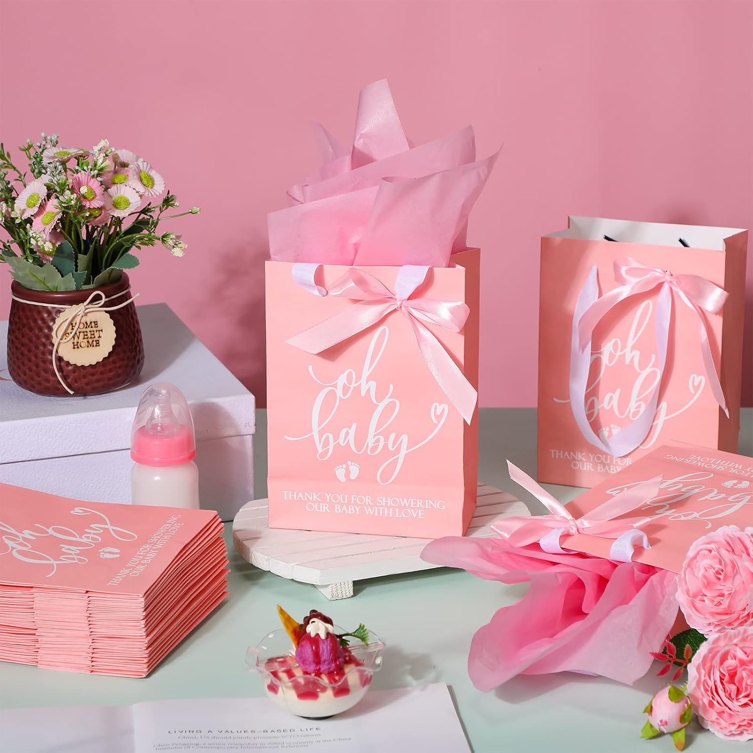 PerKoop 50 Packs Baby Shower Gifts Bags Bulk Baby Shower Favor Bags with Handle Paper and 50 Sheets Decorative Tissue Paper for Guests Gifts Gender Reveal(Pink)