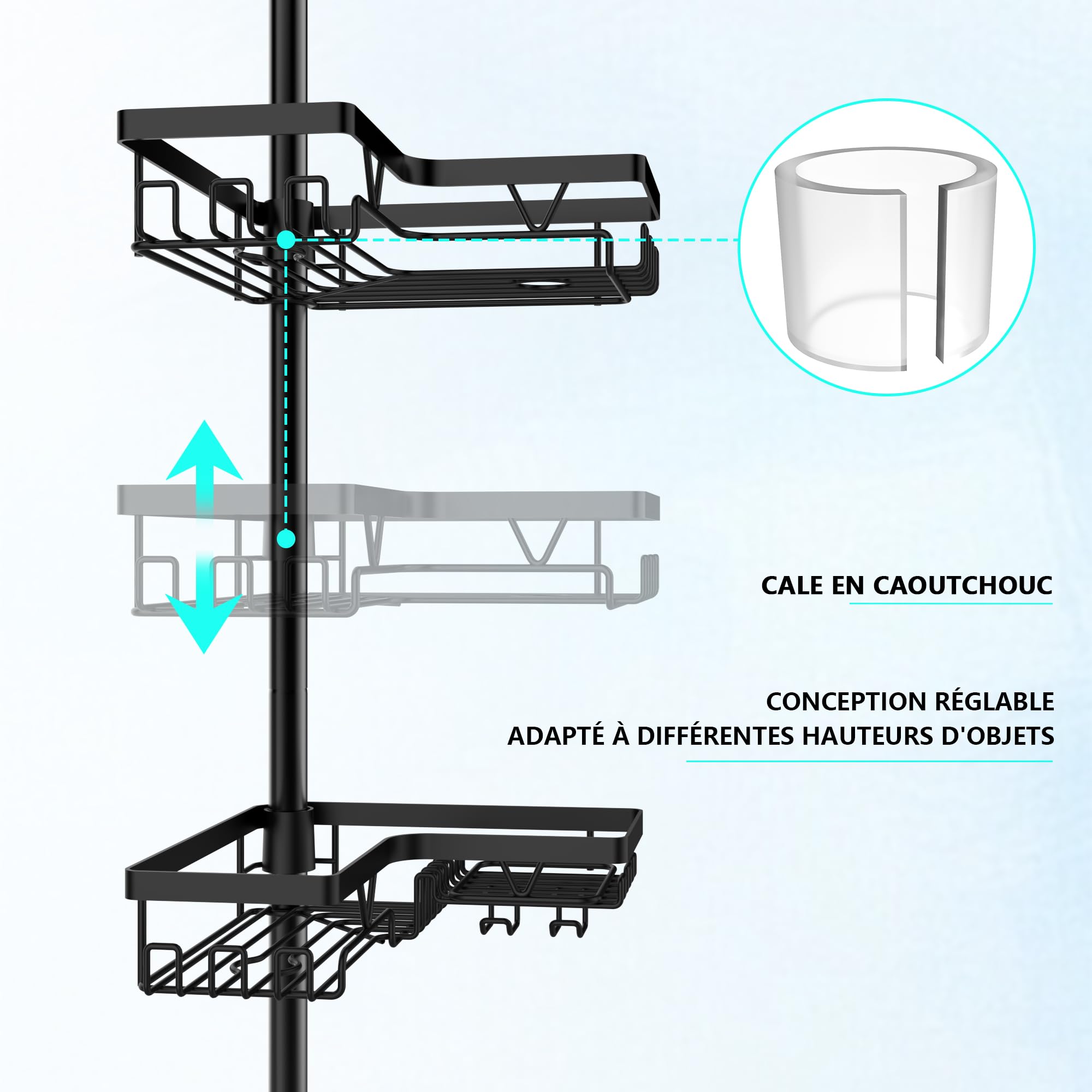 Etagere Douche,Etagere Telescopique Douche sans Percage,avec 4 paniers, étagère de Salle de Bain(Noir)