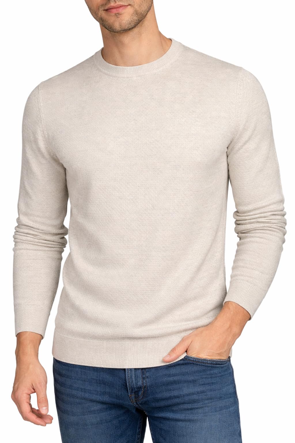 Xact Men's Birch Marl Textured 100% Cotton Crew Neck Jumper, Slim Fit Lightweight Knitwear Round Neck Pullover Sweater - Long Sleeve - Xxl