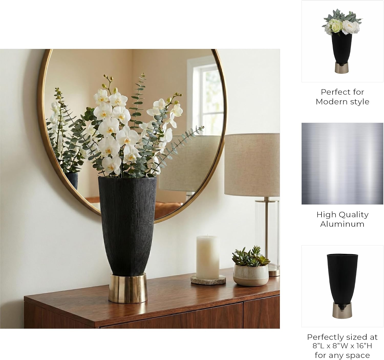 Small Decorative Vase for Living Room Decor - Modern Flower Vase for Bathroom Counter, Home Styling, and Kitchen Counter - Sculptural Accent Display for House and Office Table - 16", Black & Gold