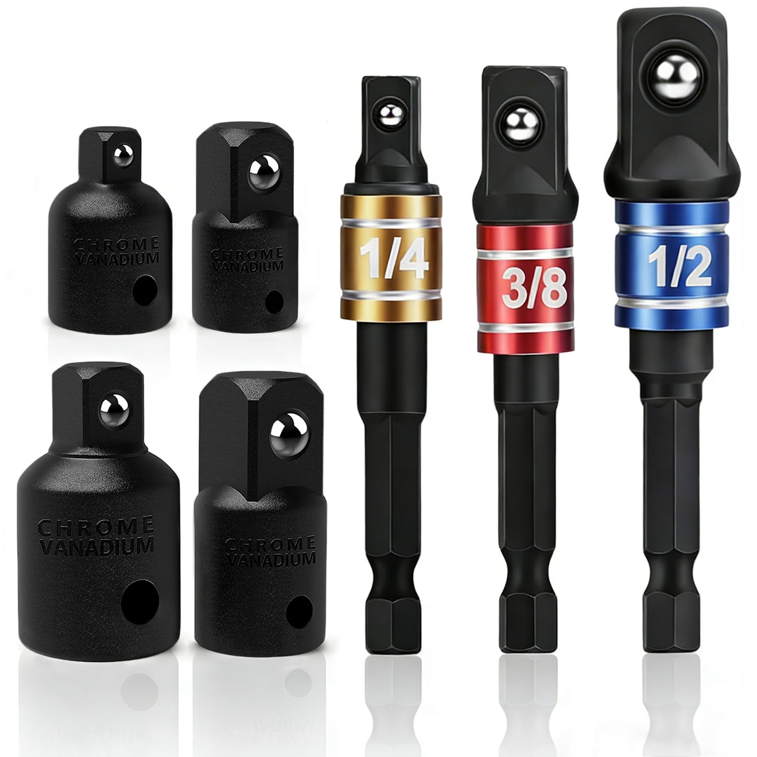 7pcs Impact Socket Adapter Set, 3 Extension Bit Adapters with Holder High Speed Nut Driver 1/4", 3/8" and 1/2" Drive, 4 Impact Socket Adapter Reducer 1/4" 3/8" 1/2"