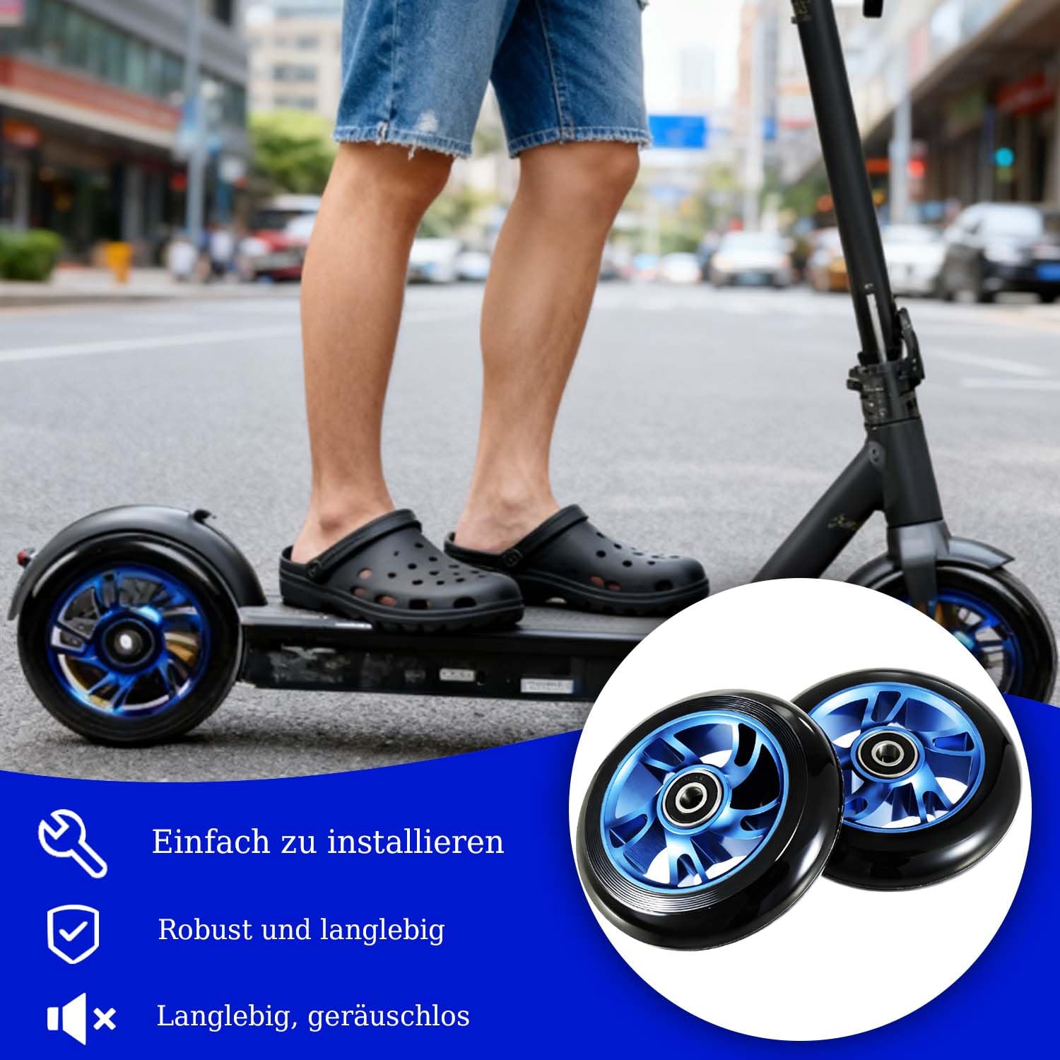 Ruote per monopattino acrobatico da 100 mm, pneumatici per - Ruote di ricambio, pneumatici da 100 x 24 mm con cerchi in lega di alluminio,adatti a tutti i tipi di monopattino(2 pezzi, blu)