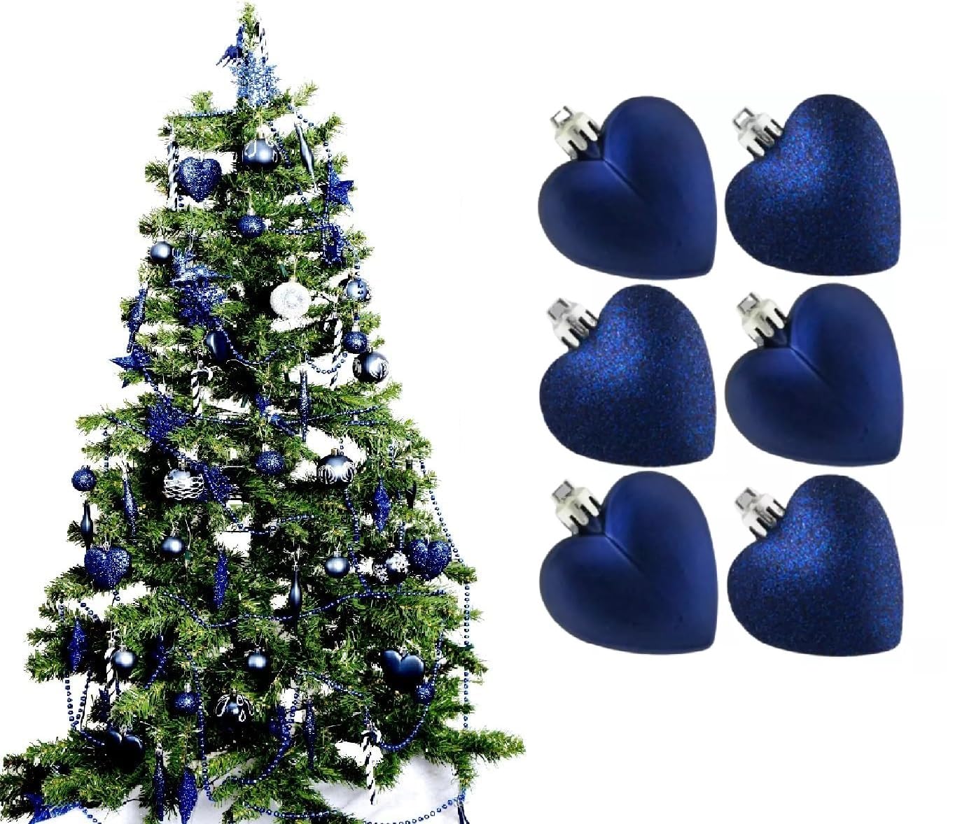 Ukdeals Direct Pack Of 6 Hearts Ukdd® Navy Collection Christmas Droplet Baubles Tree Decorations Glitter Matt Icicles (Pack Of 6 Hearts)