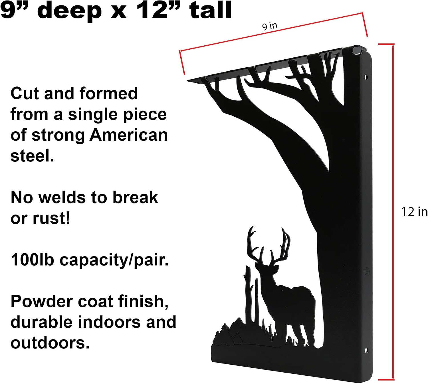 American Steel Buck Deer & Tree Rustic Metal Shelf Brackets - 9"x12" - (Set of 2) - Made in USA