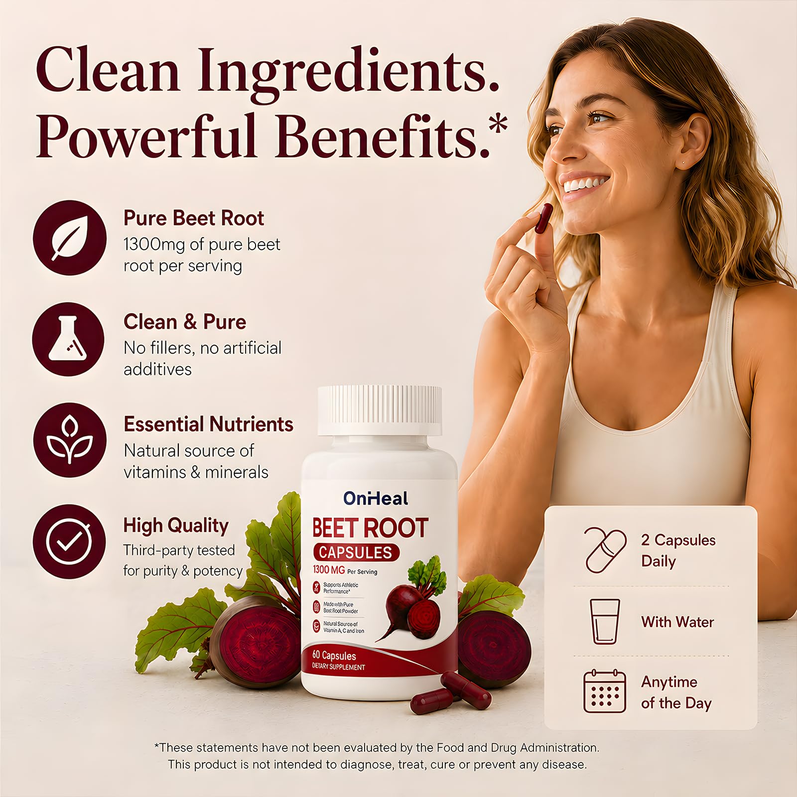 Beet Root Capsules, 1,300 mg of Pure Beet Root Powder per Serving, a Natural Source of Vitamins A, C, and Iron, Helps Promote Blood Circulation and Boost Energy, 60 Capsules — Amazon image 6