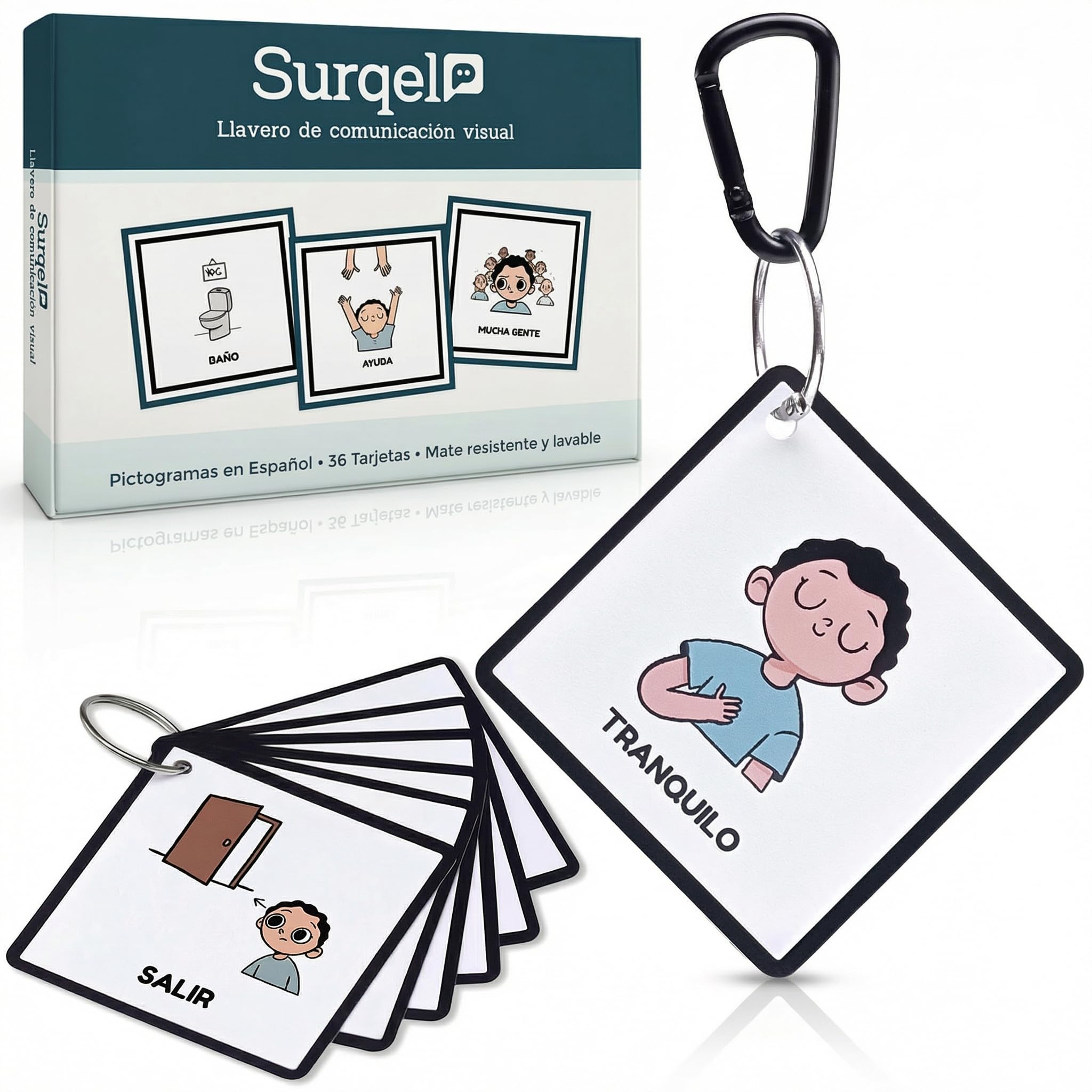 SURQEL Llavero De Comunicación Visual Pictogramas En Español Para Niños Con Autismo TEA 36 Tarjetas Visuales Mate Lavables 7x7cm Mosquetón Apoyo Autistas Pictos Portátil Salidas Transiciones Y Rutinas