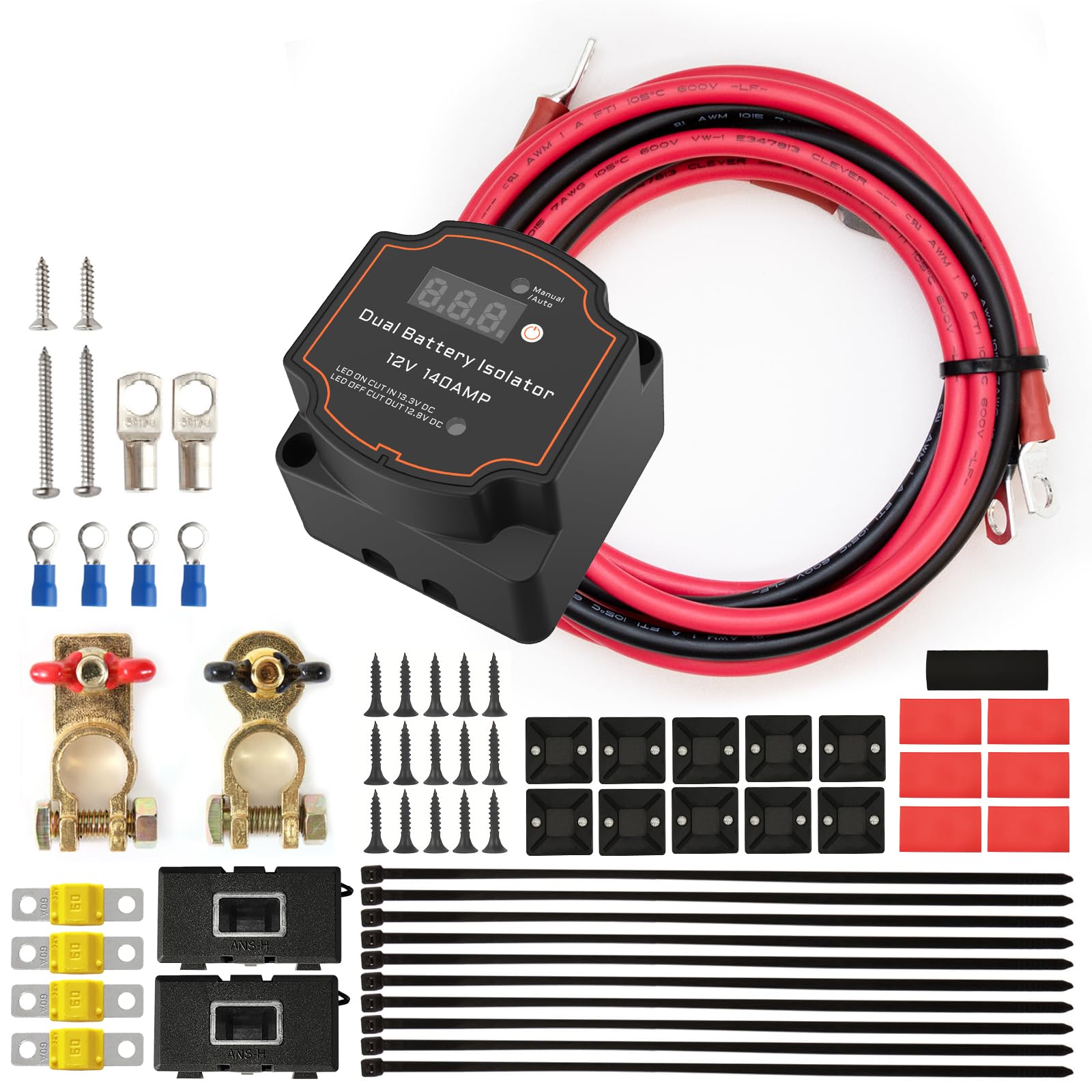 Batterietrenner, 12 V Kit, 140 Amp Split-Laderelais mit 5 m Kabelsatz, automatisches Dual-Batterie-Trennrelais für Marine, ATV, UTV, Wohnmobil, Auto (BG006 kit)