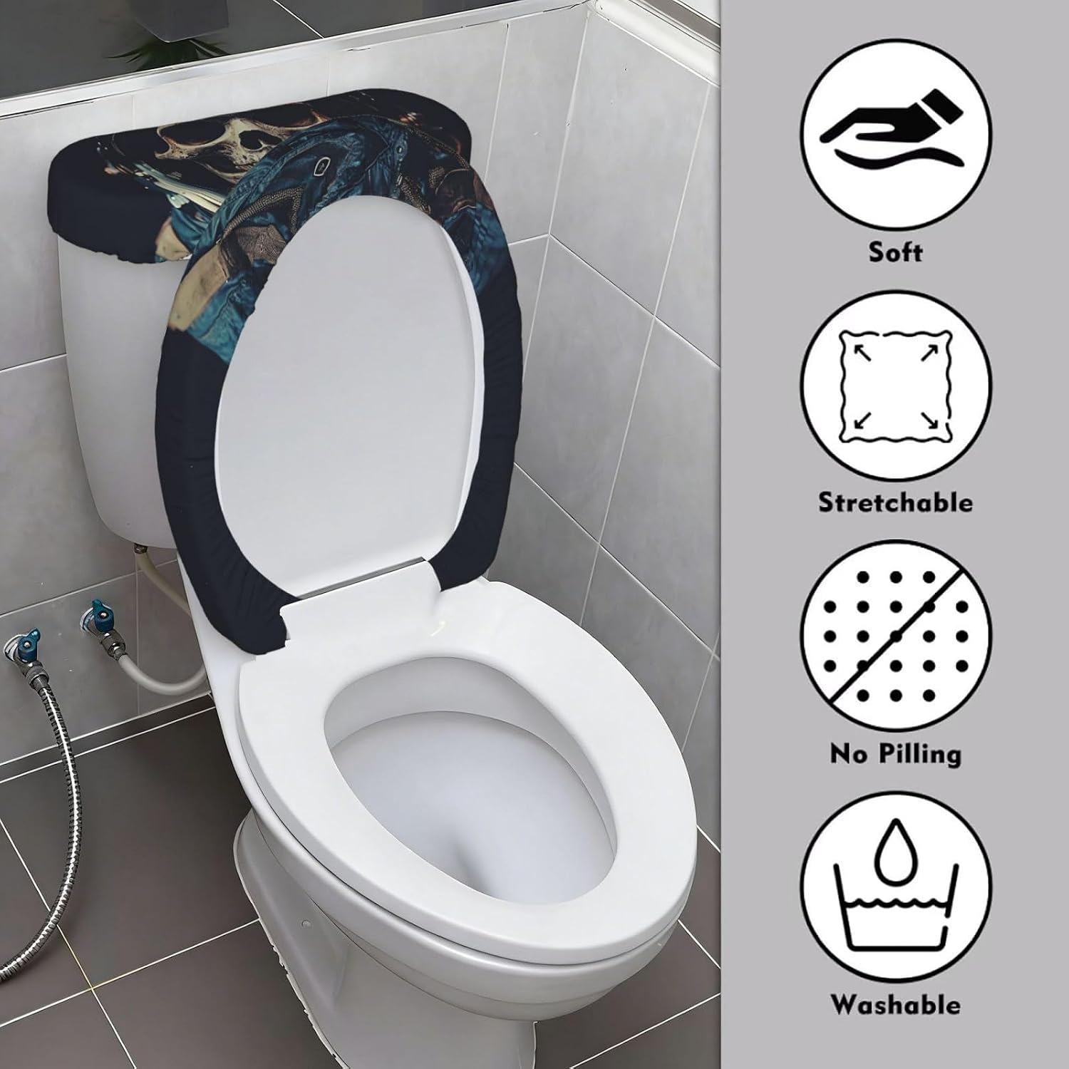 2 Pcs Toilet Lid Cover and Toilet Tank Lid Cover, Washable Toilet Cover with Elastic Bottom Replacement Soft Stretch Toilet Seat Cover Set Movie Aesthetic Skull Bathroom Decor image 3