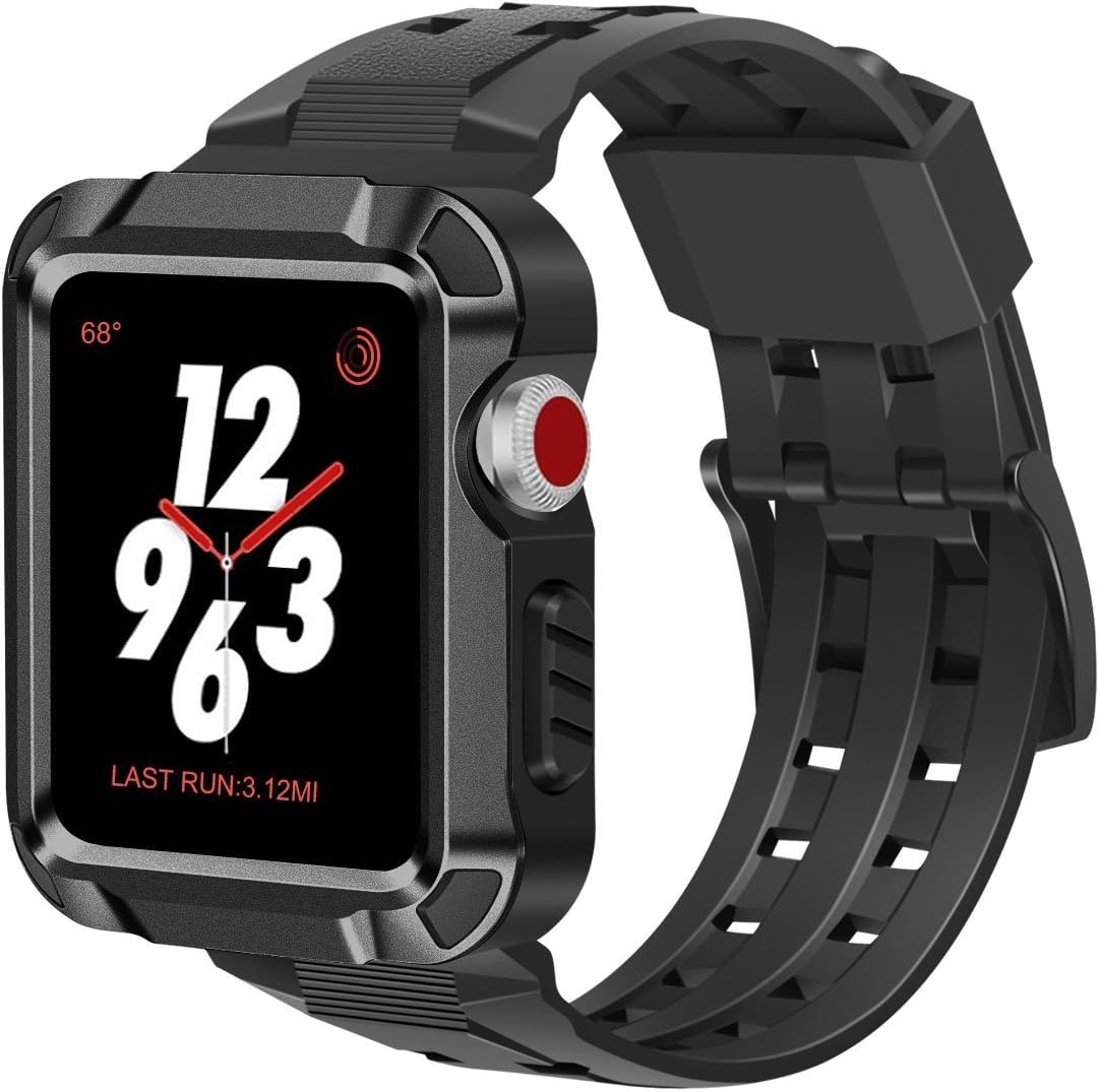 iiteeology Compatible with Apple Watch Band 42mm, Men Metal Rugged Apple Watch Case with Sports Breathable iWatch Bands for Apple Watch 42mm Series 3 Series 2 Series 1-Black