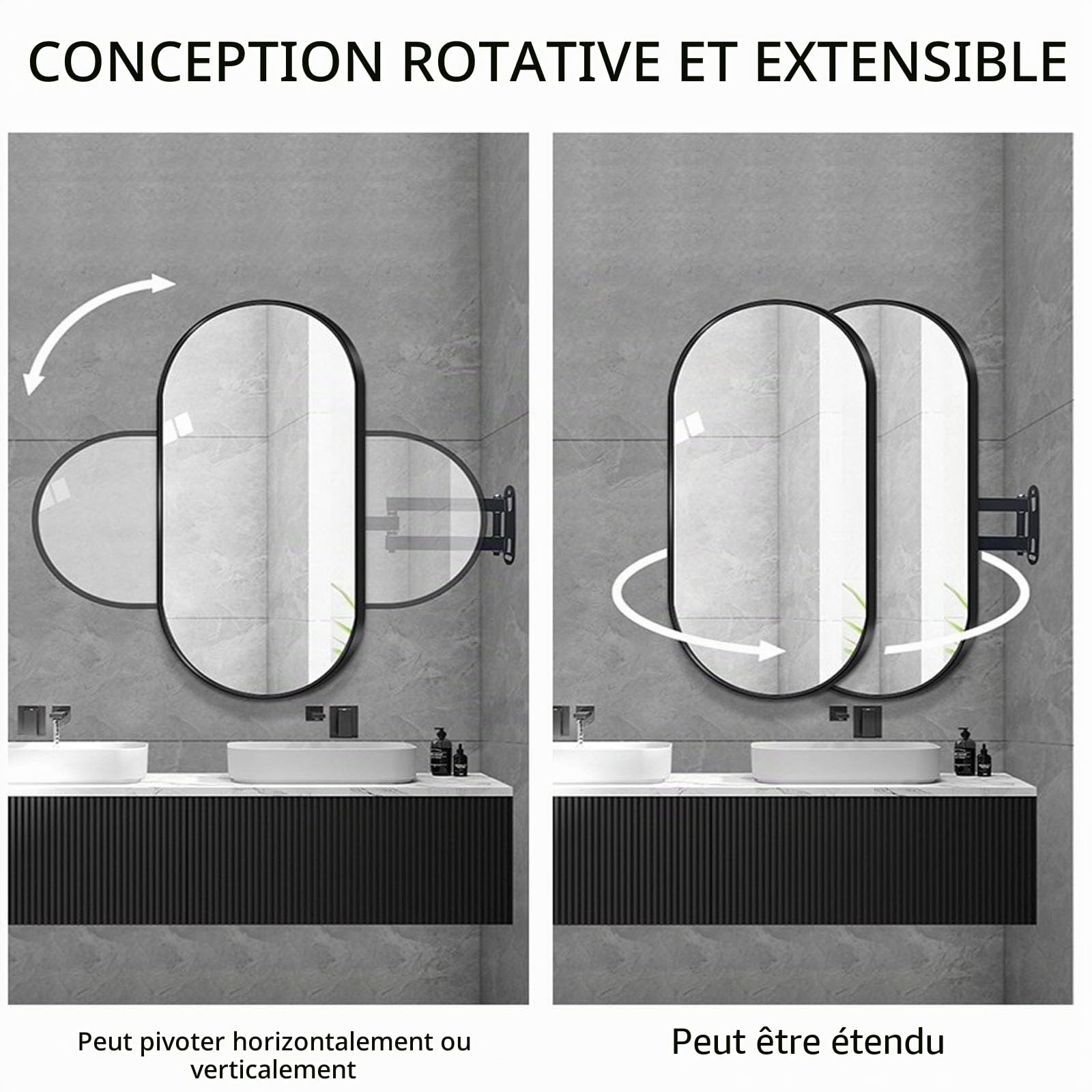 Miroir De Salle De Bain Ovale 30x50cm 35x60cm 30x60cm 40x70cm 40x80cm 50 X 90cm Miroir Mural D'angle Pivotant Miroir De Maquillage Mural Rotatif Avec Cadre En Métal Miroir Décoratif(Black,W30xL50cm)