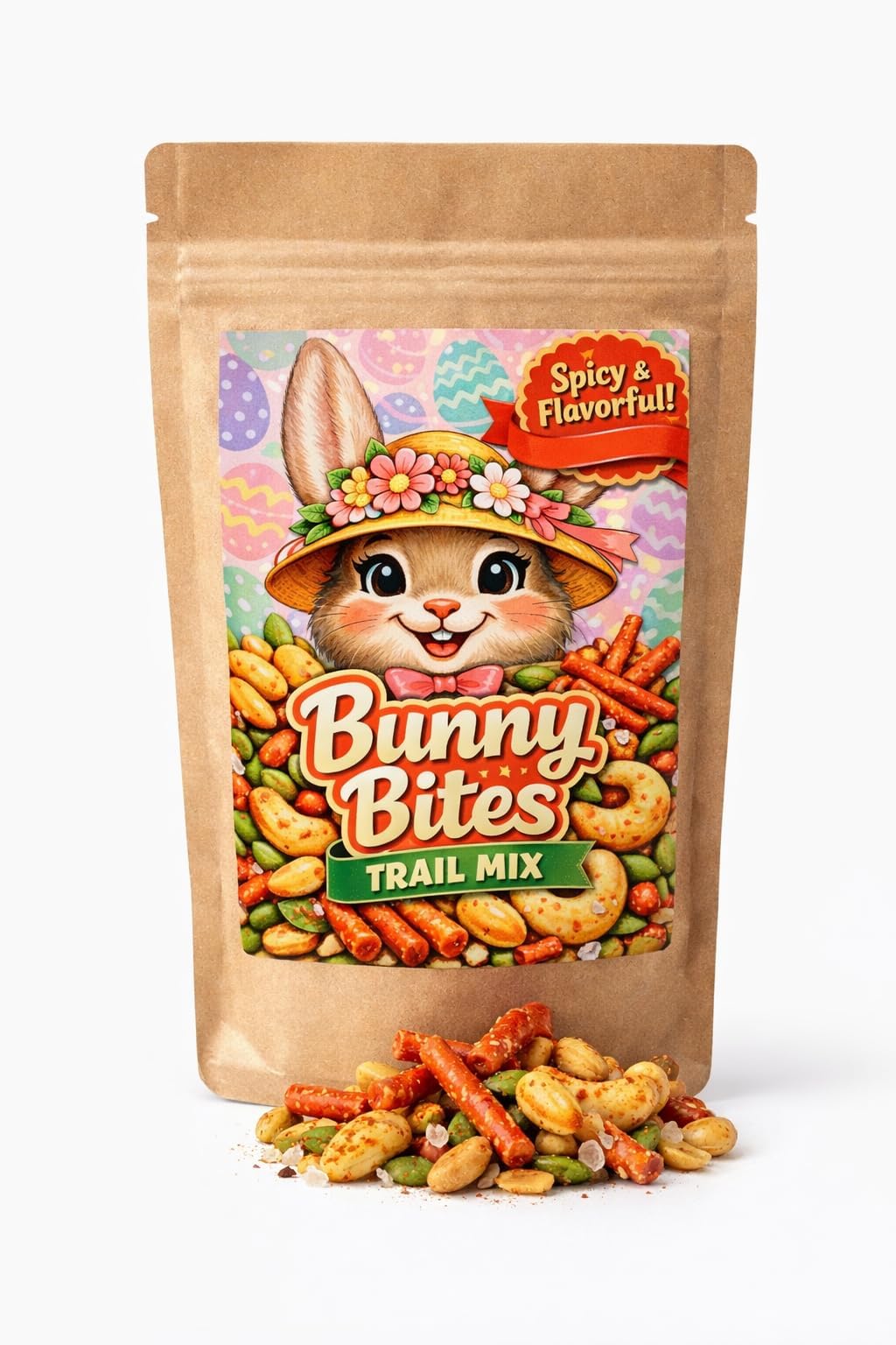 Kepperton Bunny Bites Trail Mix - Spicy Easter Snack with Peanuts, Roasted Salted Pepitas, Red Hot Churritos & Cashews - Giftable Small-Batch Candy in Kraft Pouch