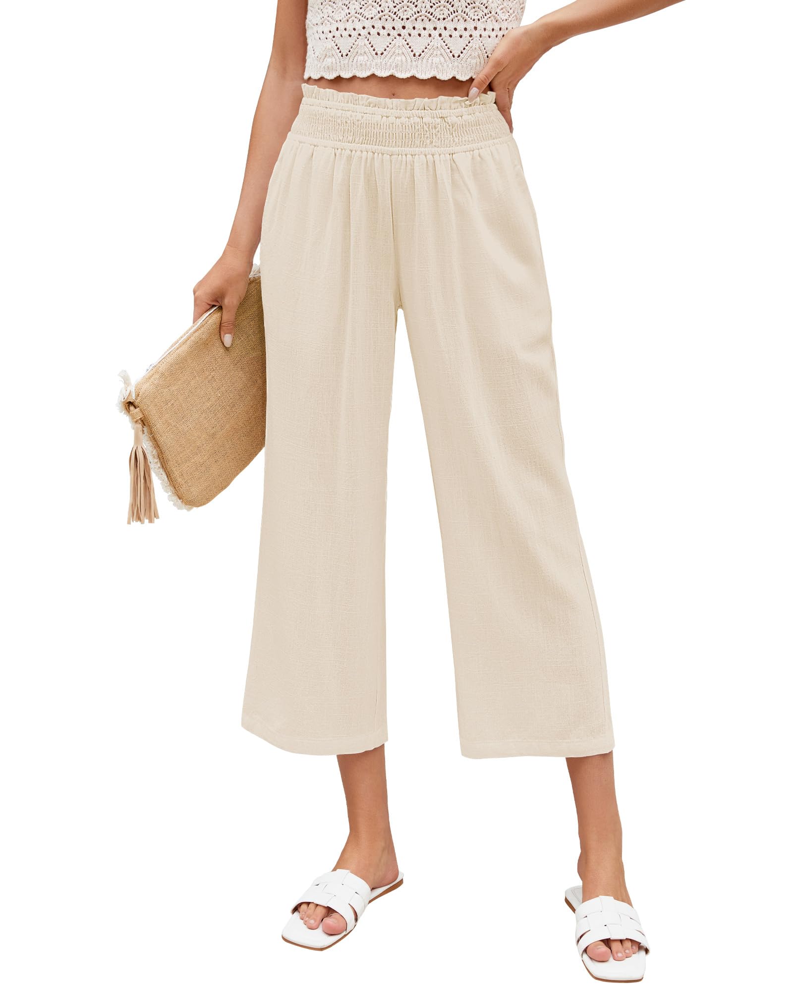 LookbookStore Women's Wide Leg High Waisted Linen Capri Pants