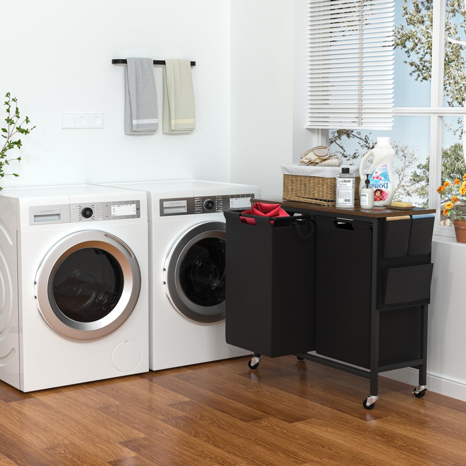 Laundry Hamper 2 section with wheels,Rolling double laundry hamper with shelf and side pockets,Laundry sorter organizer with 2 Pull-Out and Removable laundry bags,21Gal(80L) capacity