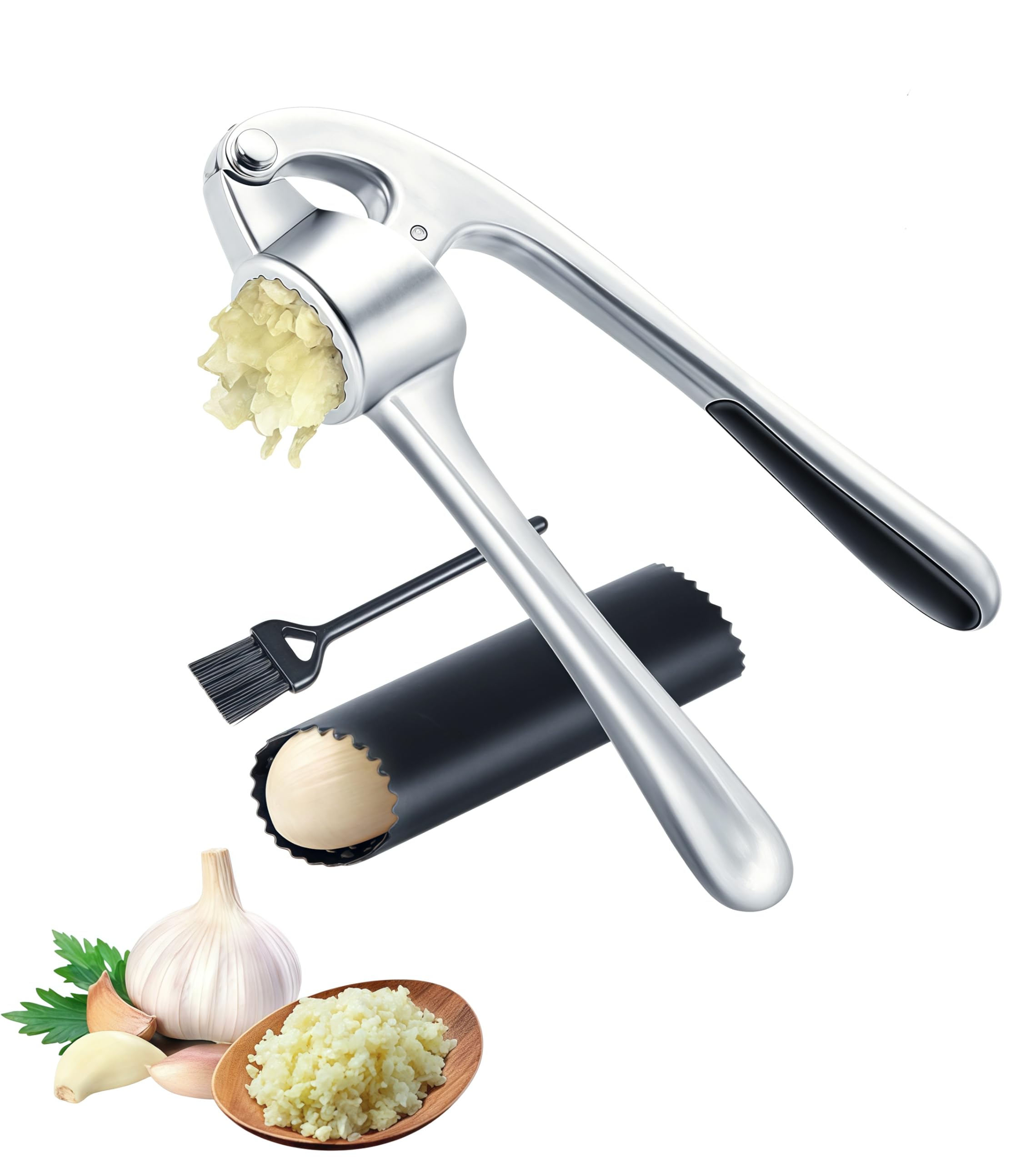 X&E Premium Garlic Press Set - Rustproof stainless steel garlic press - Easy to squeeze, easy to clean with soft ergonomic handle - Dishwasher safe, silicone peeler and brush included