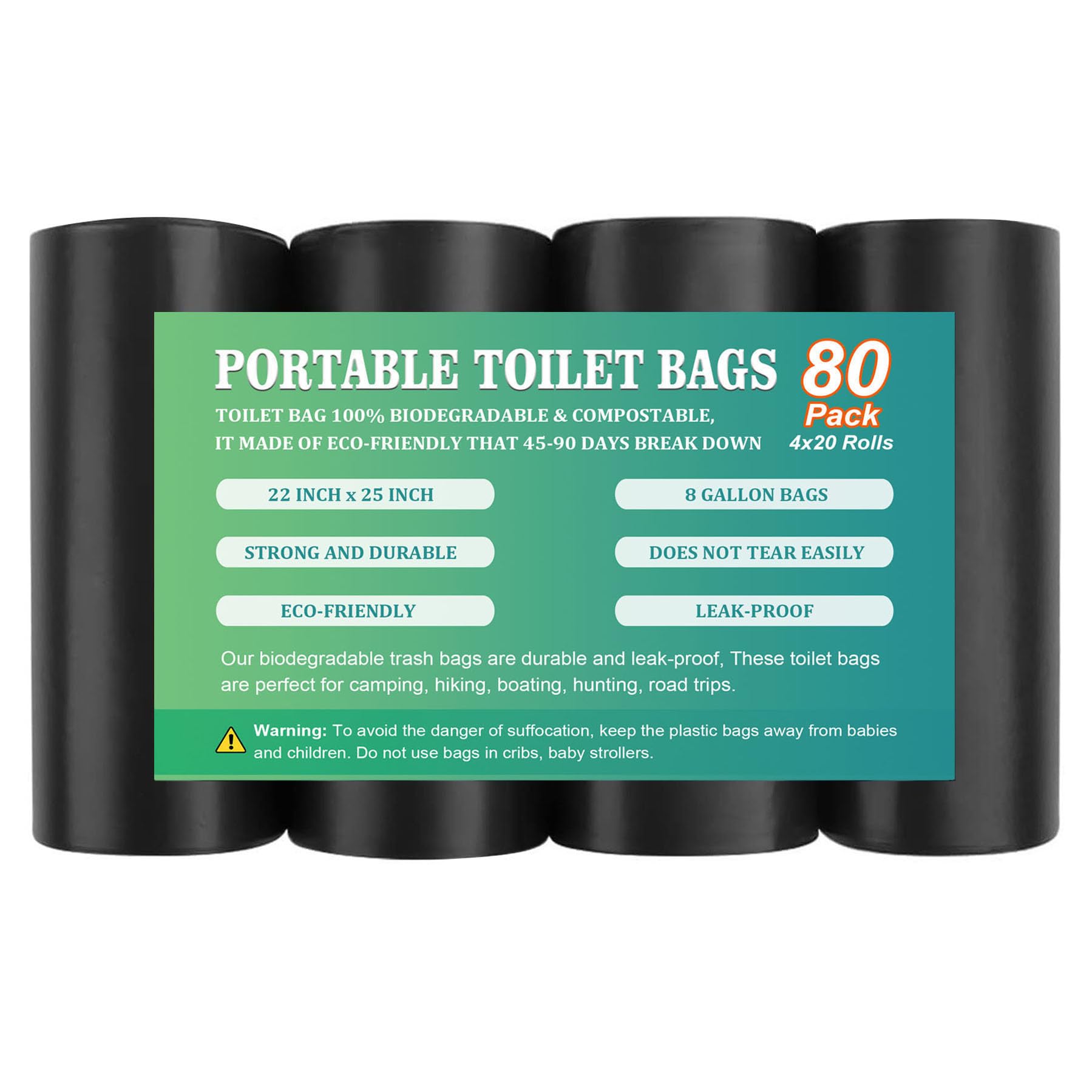 80 PCS Portable Toilet Bags for Camping, Biodegradable Porta Potty Bags - 8 Gallon Thickened Waste Bags Fit for 5 Gallon Bucket, Camping Poop Bag, Trash Bags for Home Boating Travel Outdoor