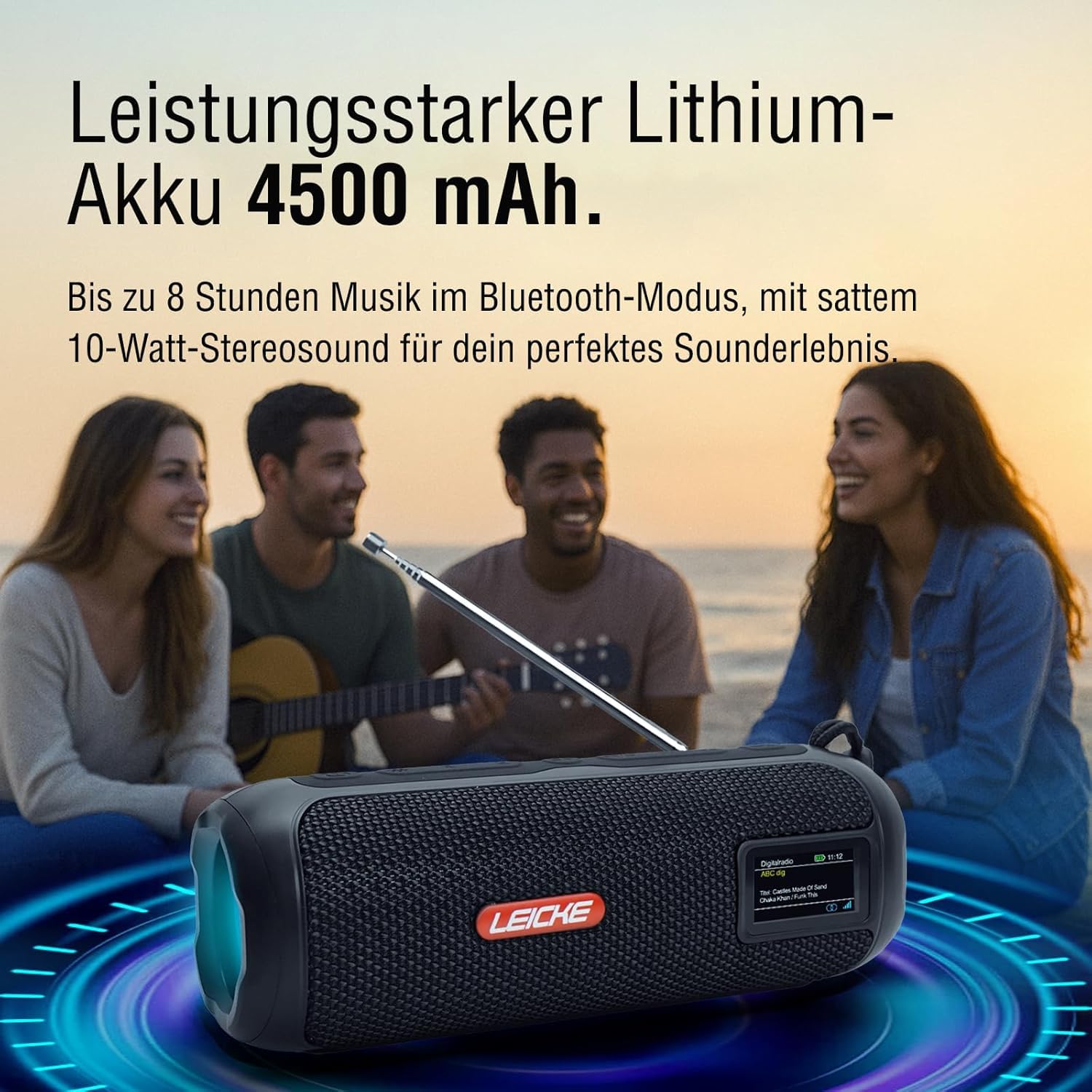 LEICKE DAB+ Radio Tube - Tragbarer Bluetooth Lautsprecher mit DAB+/FM, 4500mAh Akku, RGB-LED Lichter, 10W Stereo-Sound,Equalizer, USB-C-Ladung, Micro SD/AUX Anschluss, Netz- und Akkubetrieb, Schwarz