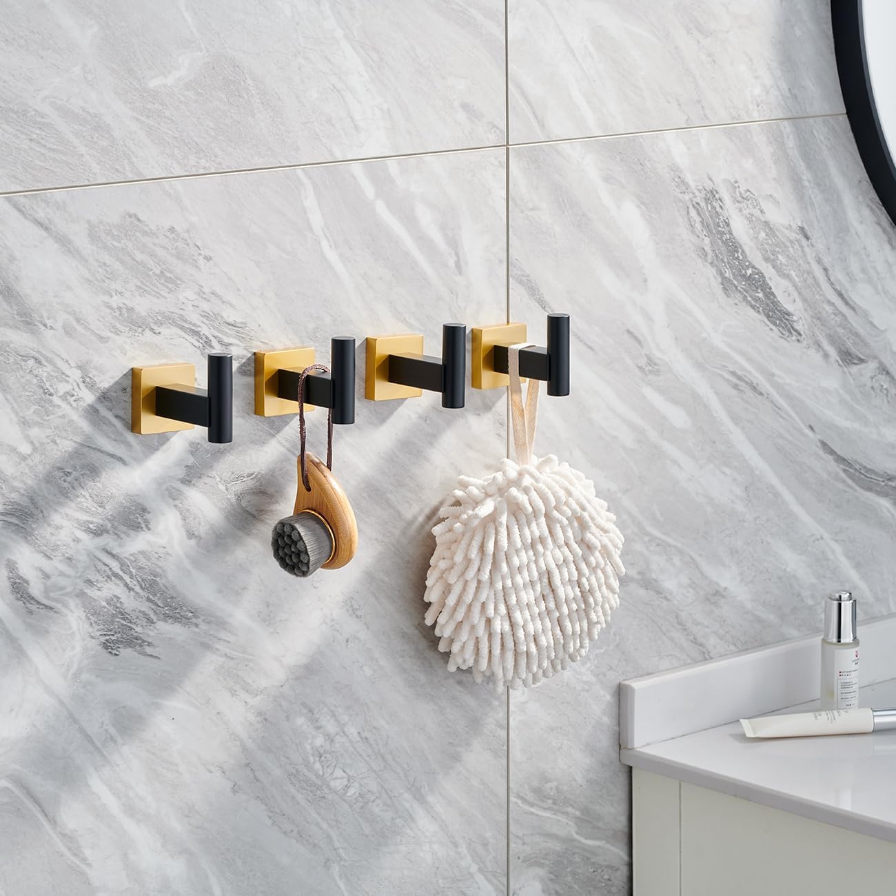 Miyili Bathroom Lavatory Single Coat and Robe Hook Wall Mount, Stainless Steel Bath Towel Hook 2 Pack Black & Gold, B02BG4