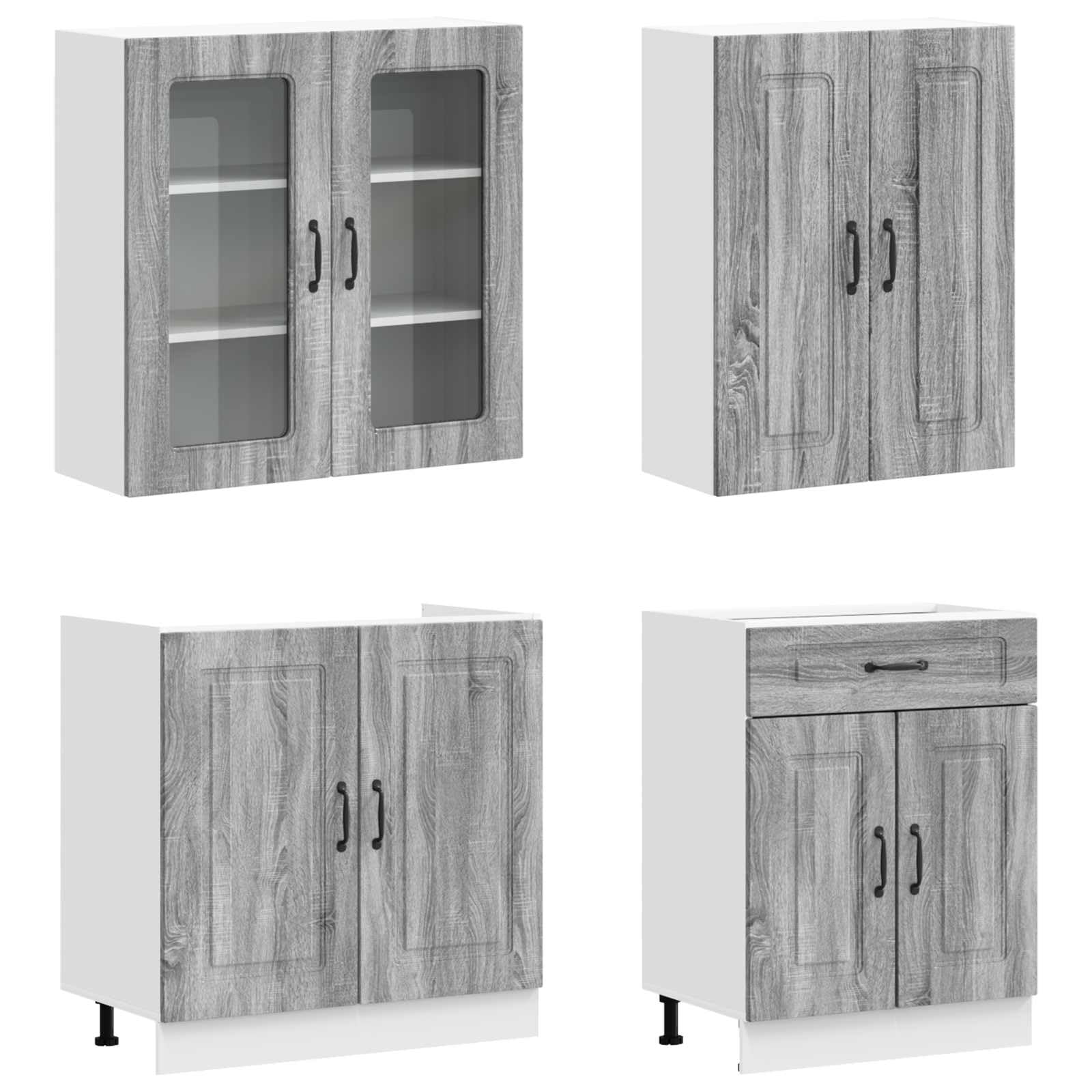 Kalmar - Comodino da cucina, 4 pezzi, grigio Sonoma, in legno sonoma, con base, pensile, mobili da dispensa, cassetto estraibile, piedini regolabili, fissaggio a parete, adatto per riporre
