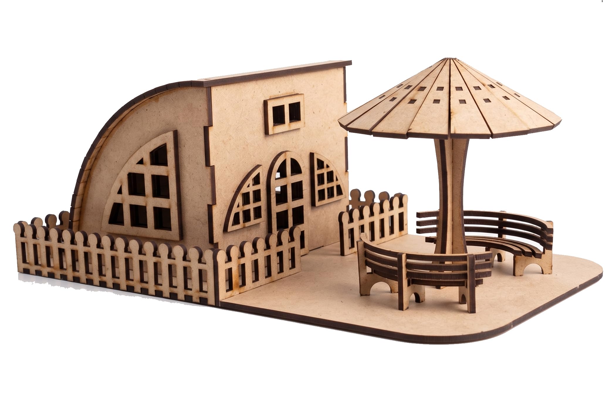 Wooden DIY Miniature House Kit with Garden Umbrella Table & Bench Set – 3D Laser Cut MDF Dollhouse Model for Painting, Decoupage & Home Decor – Craft Kit for Adults & Kids (92 Precision-Cut Parts)-image-36