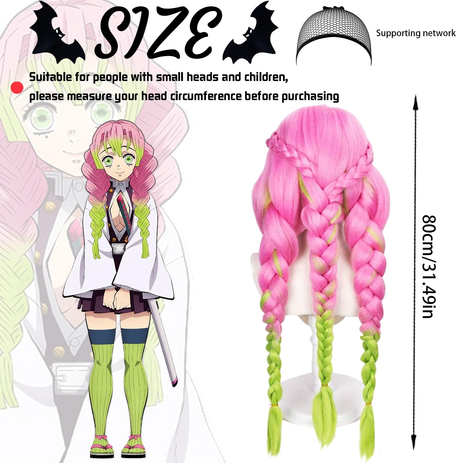 Anime Kanroji Mitsuri Cosplay Perücke für Damen, Mitsuri Cosplay Wig, Rosa Grün Perücke Charakter Verkleiden Lange geflochtene Perückes Passend, für Mädchen Halloween Karneval Kostüm Party