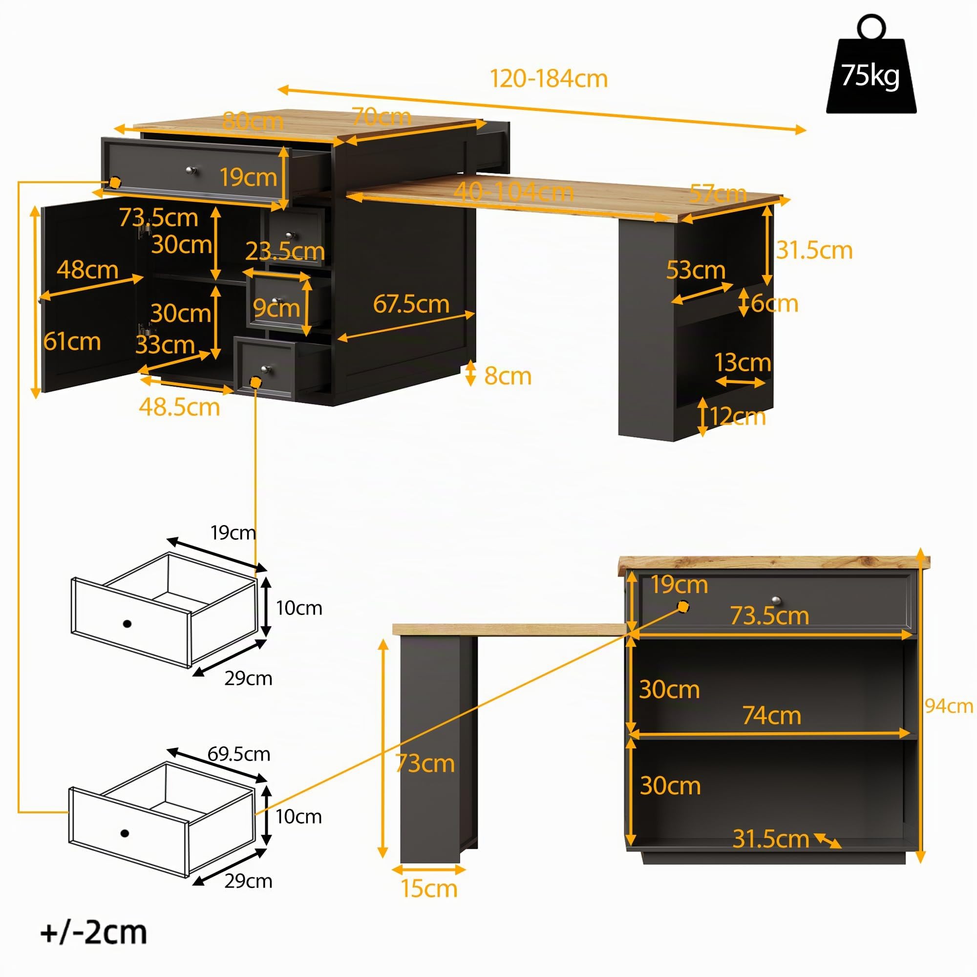 Isola Cucina allungabile (120-184 cm) con cassetti e rotelle, Isola Cucina Mobile con Piano Effetto Legno, Versatile Isola da Cucina per Cucina, Sala da Pranzo e Bar, Nera