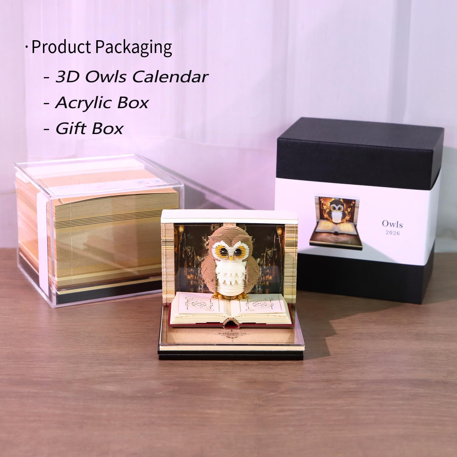 3D Calendar 2026, 3D Memo Pad Art Sticky Notes, Time Piece Calendar 2026, Creative Weekly Notepad with Light, Paper Carving Art Desktop Gift for Christmas Birthday Anniversaries (Owl)