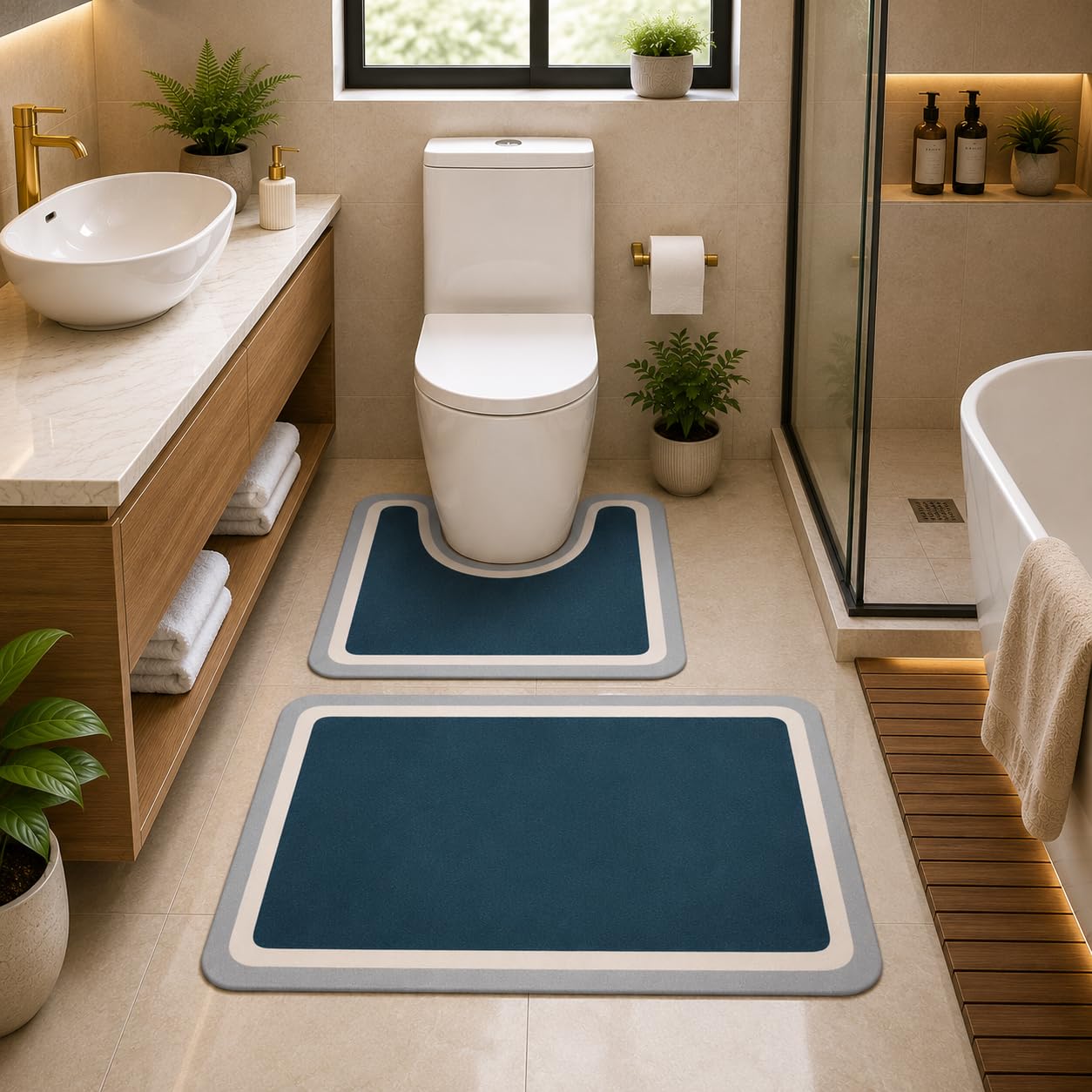 Suede Bath Mat | Set of 2, 60 x 40 cm | Rectangle Bath Mat + U Shape Toilet Mat | Super Absorben, Quick Dry, Non Slip Rubber Backing, Dark Grey with White & Grey Border-image-10