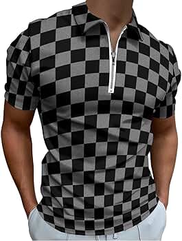 Vintage Checkered Pattern Men's Zip-Up Polo Shirt Casual