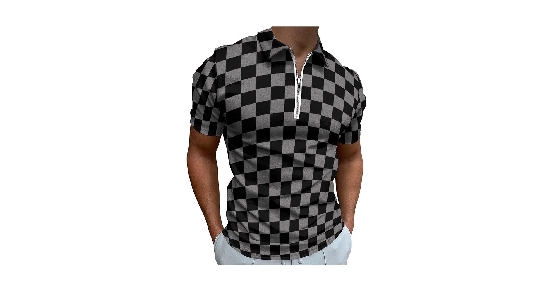 Vintage Checkered Pattern Men's Zip-Up Polo Shirt Casual