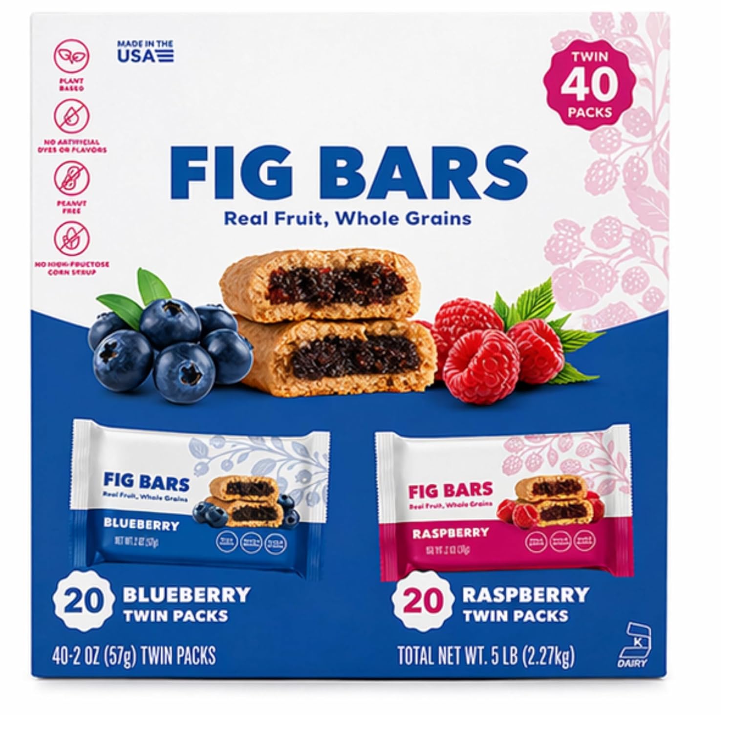 Fig Bars Variety Pack, Blueberry & Raspberry Twin Packs, Real Fruit Whole Grain Baked Snack Bars, Plant-Based, Peanut Free, 80 oz (5 lb), 40 Count (Pack of 2)