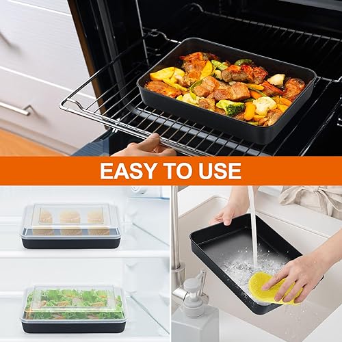 Miniatura 7 de P&P CHEF - Bandeja para horno tostador de 10.5 pulgadas con tapa, juego de 4 (2 sartenes y 2 tapas), bandeja rectangular antiadherente para hornear