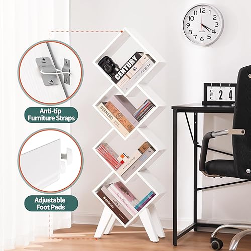 Miniatura 5 de Yoobure Estantería blanca, estantería pequeña de madera de 4 niveles, organizador de libros altos, estantes modernos de pie para CDslibros en