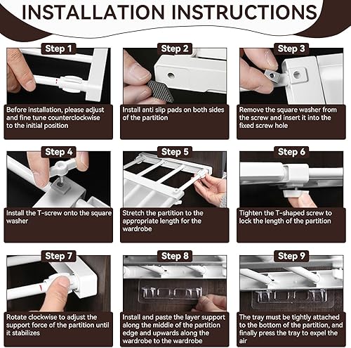 Vista 2 de Estante de tensión expandible, organizador de estante ajustable, estante organizador de armario, sin clavos, estante de almacenamiento para armario