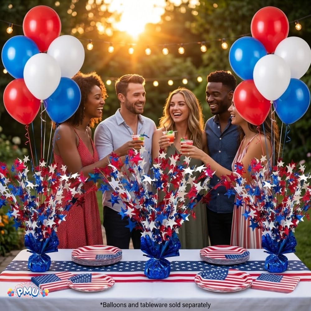 PMU 3 Pcs Patriotic Bursting Star Metallic Foil Spray Centerpiece Prismatic Red White & Blue Patriotic Balloon Weights w/Blue Base 4th of July & Memorial Day Decorations15in / 7.34cm