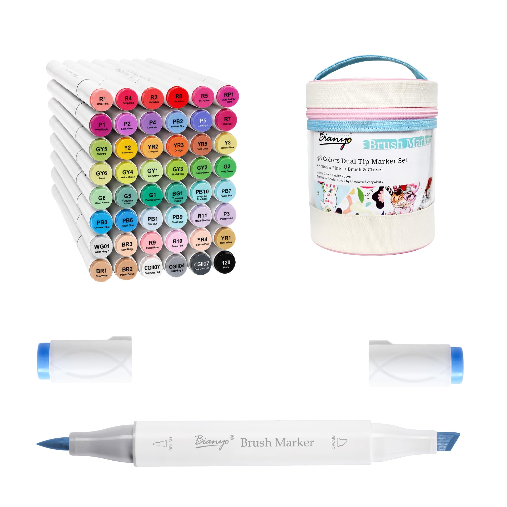 48 Colors Alcohol Markers with Brush & Chisel Tips, Carrying Case