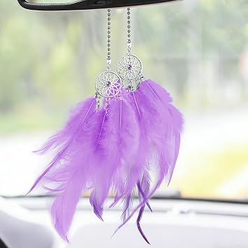 Dream Catcher for Car, Feather Dream Catcher Crystal Rear View Mirror Car Charm, Healing Boho Style Rearview Mirror Hanging Pendant for Women Men, Automotive Interior Decoration Light Purple