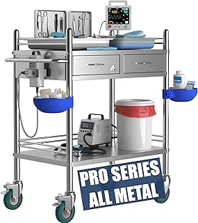 Avicenna Innovations *Improved & Upgraded* Medical Stainless Steel 2 Tier Rolling Cart with Wheels and Drawers | Dental Hospital Nursing Trolley | Easy-to-Disinfect Phlebotomy Mobile Workstation