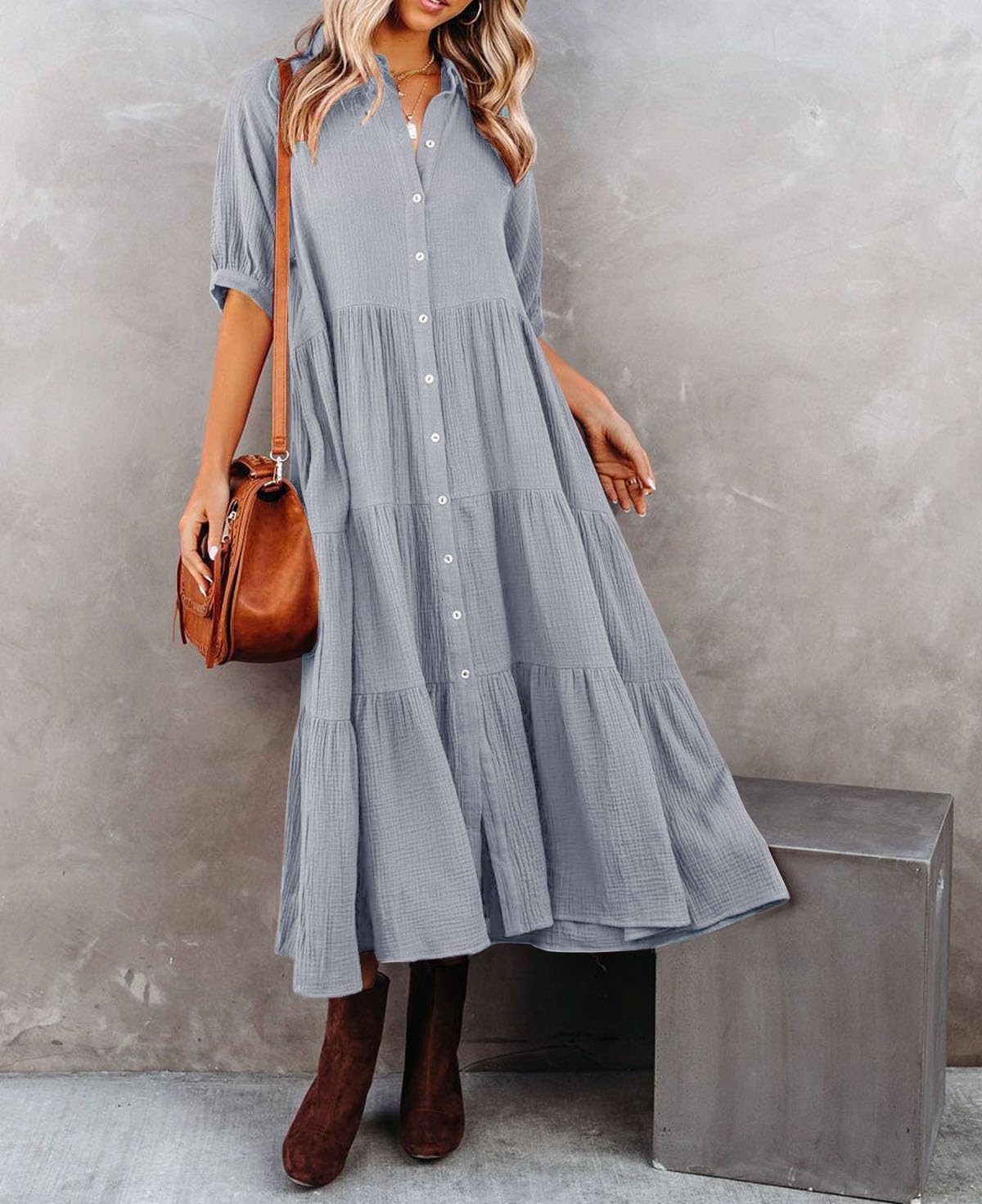 R.Vivimos Vestito Estivo Casual Mezza Manica Bohémien Donna Elegante Chic Abito da Camicia Midi a Pieghe con Scollo a V