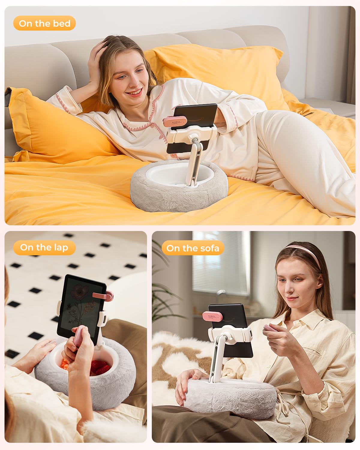SupeDesk Kindle Pillow Stand - Soft Grey Fuzzy Tablet Holder with Storage Bowl, Hands-Free Lap Stand for Bed Couch - Compatible with Kindle, iPad, Phones & E-Readers (Gray)