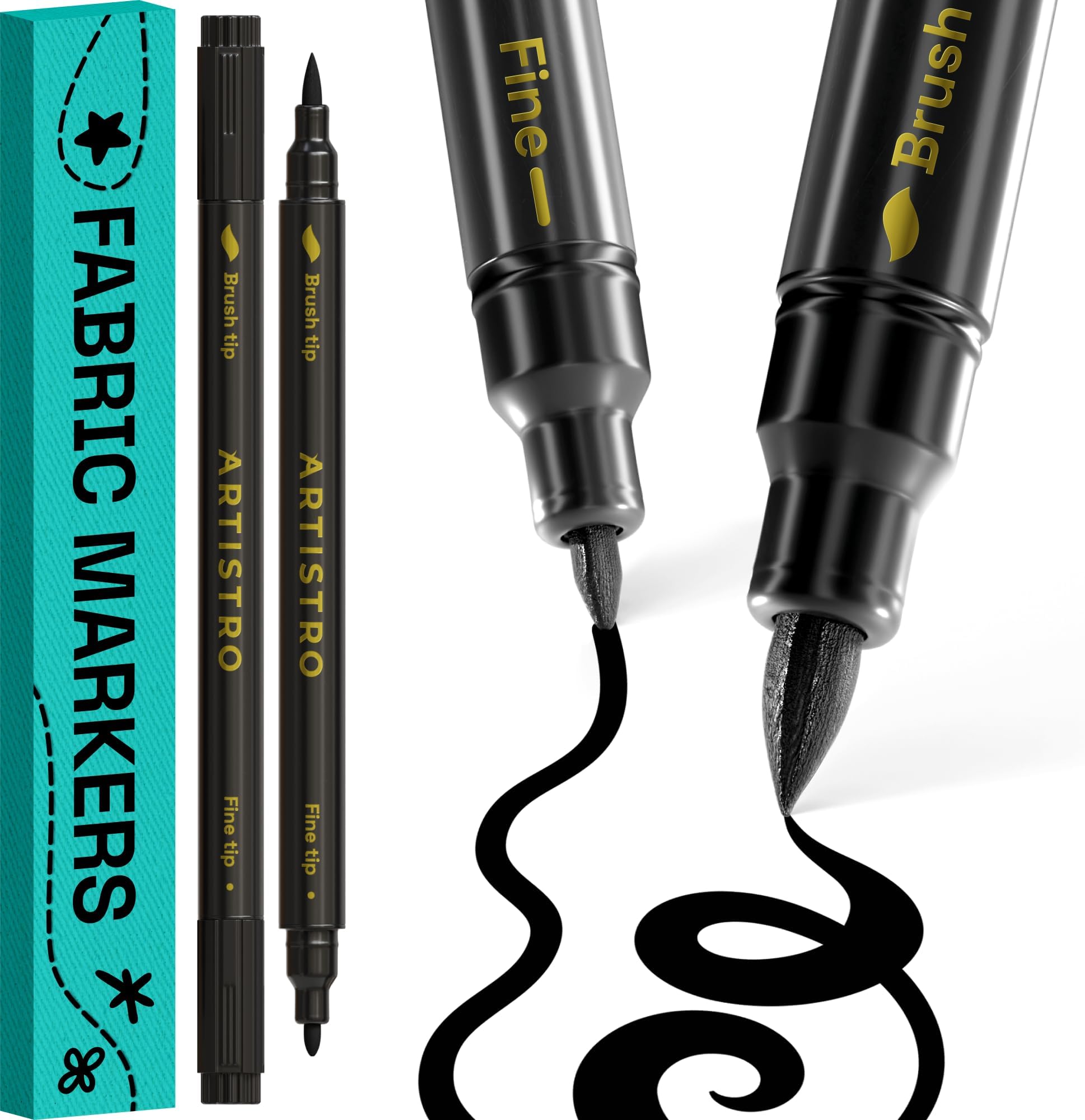 2 Black Fabric Markers - Double Tip Fabric Markers Permanent for Clothes - No Bleeding of Fabric Pens for T-Shirts, Bags, Textiles, Canvas and More (Brush Tip and Fine Tip)