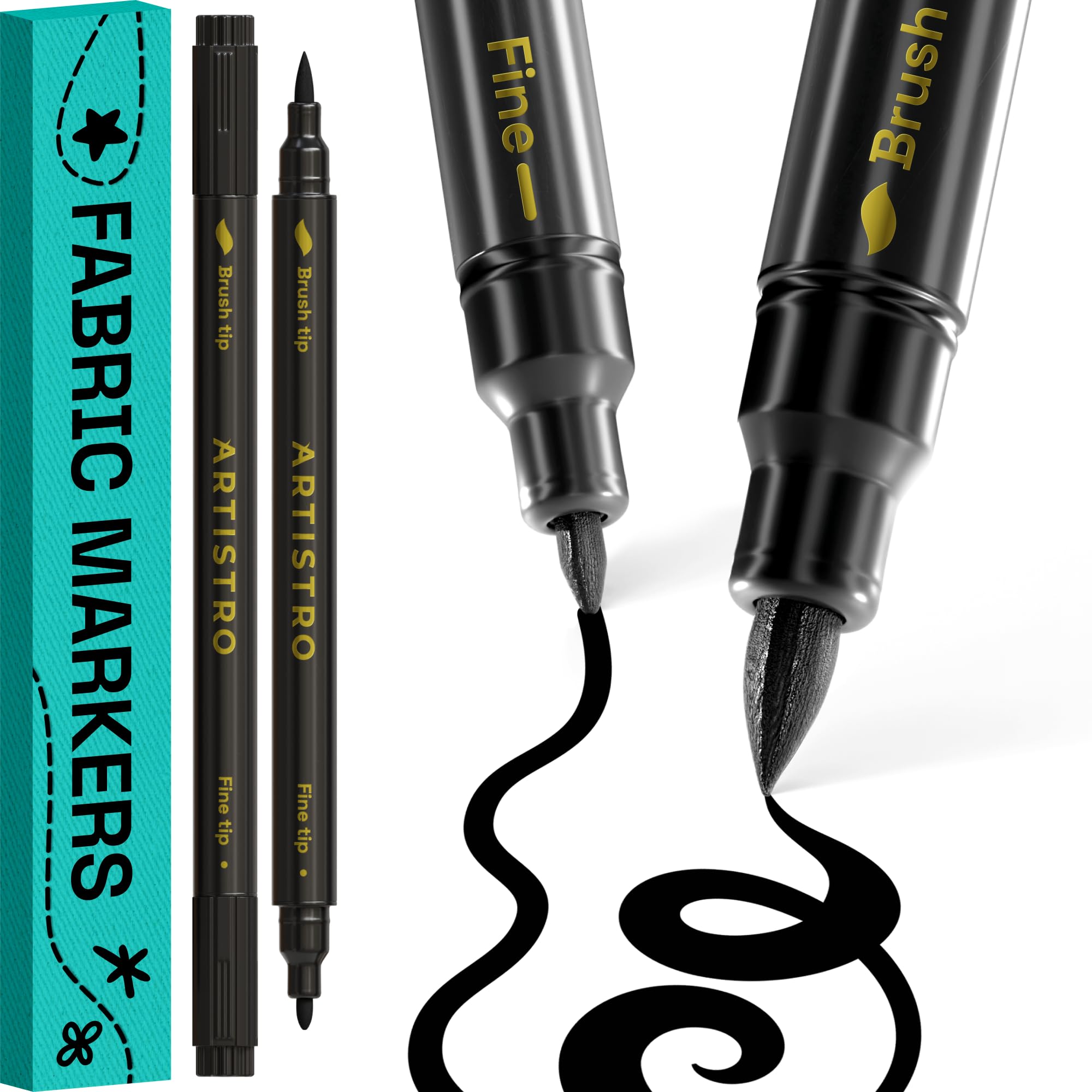ARTISTRO 2 Black Dual-Tip Fabric Markers - Fabric Decorating Kit - Permanent for Clothes - Acrylic Paint Pens for Sneakers, Bags, Shoes, Textile, Canvas, Sewing, Craft, Laundry - Brush and Fine Tip