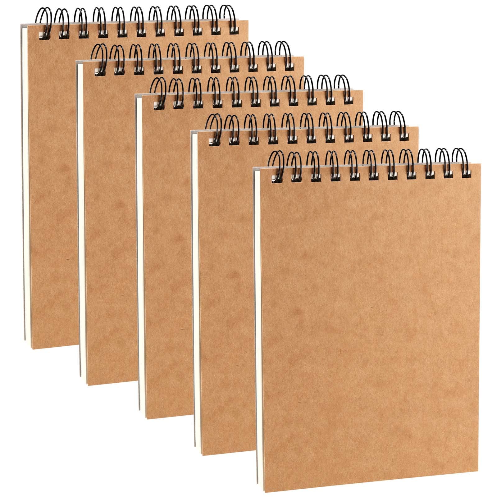 JEUIHAU 5 Pack A5 Spiral Sketchbook, 160gsm Blank Kraft Spiral Bound Hardback Notebook, 100 Pages/50 Sheets Kraft Cover Sketch Book for Portrait, Sketching, Drawing, Upturning Type